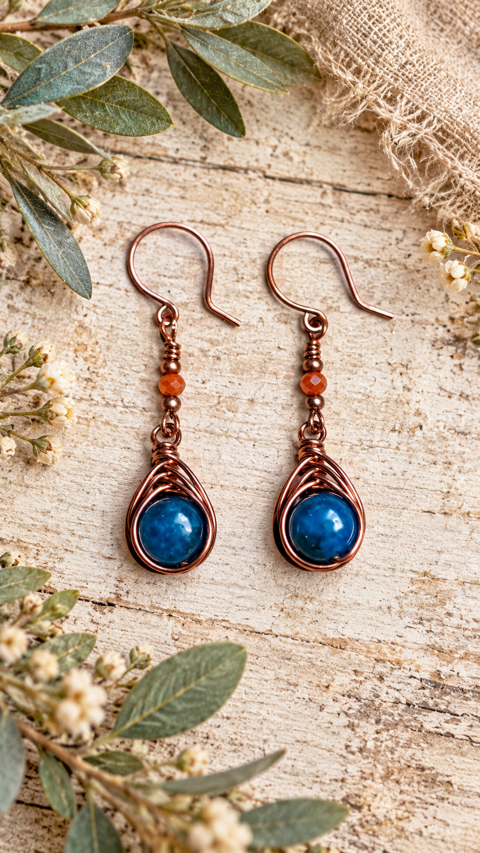 Copper Herringbone & Apatite Earrings