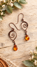 Swirly Antique Copper & Amber Colored Briolette Crystal Teardrops