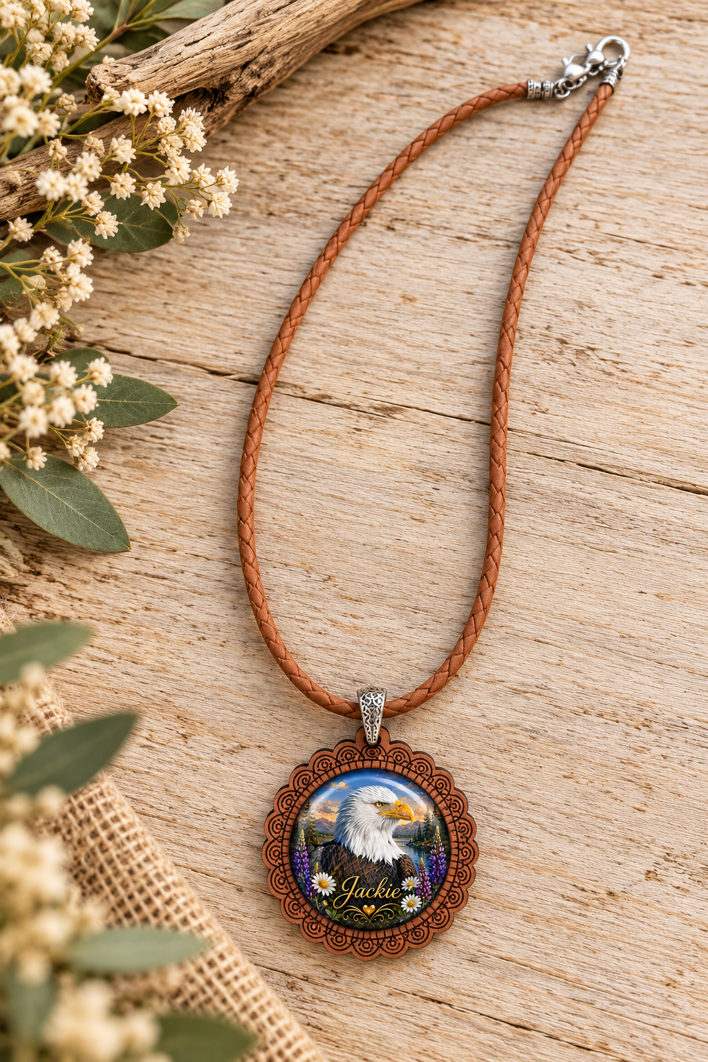 Necklace | Natural Leather Bolo Cord & Scalloped Wood Pendant