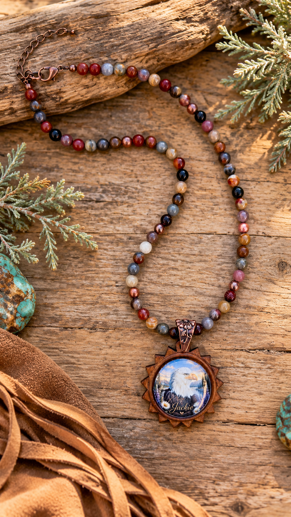 Jackie’s Wildflower Legacy – Polychrome Ocean Jasper & Copper Necklace       A tribute to the beauty, strength, and unforgettable spirit of Jackie of Big Bear. 🦅🤎