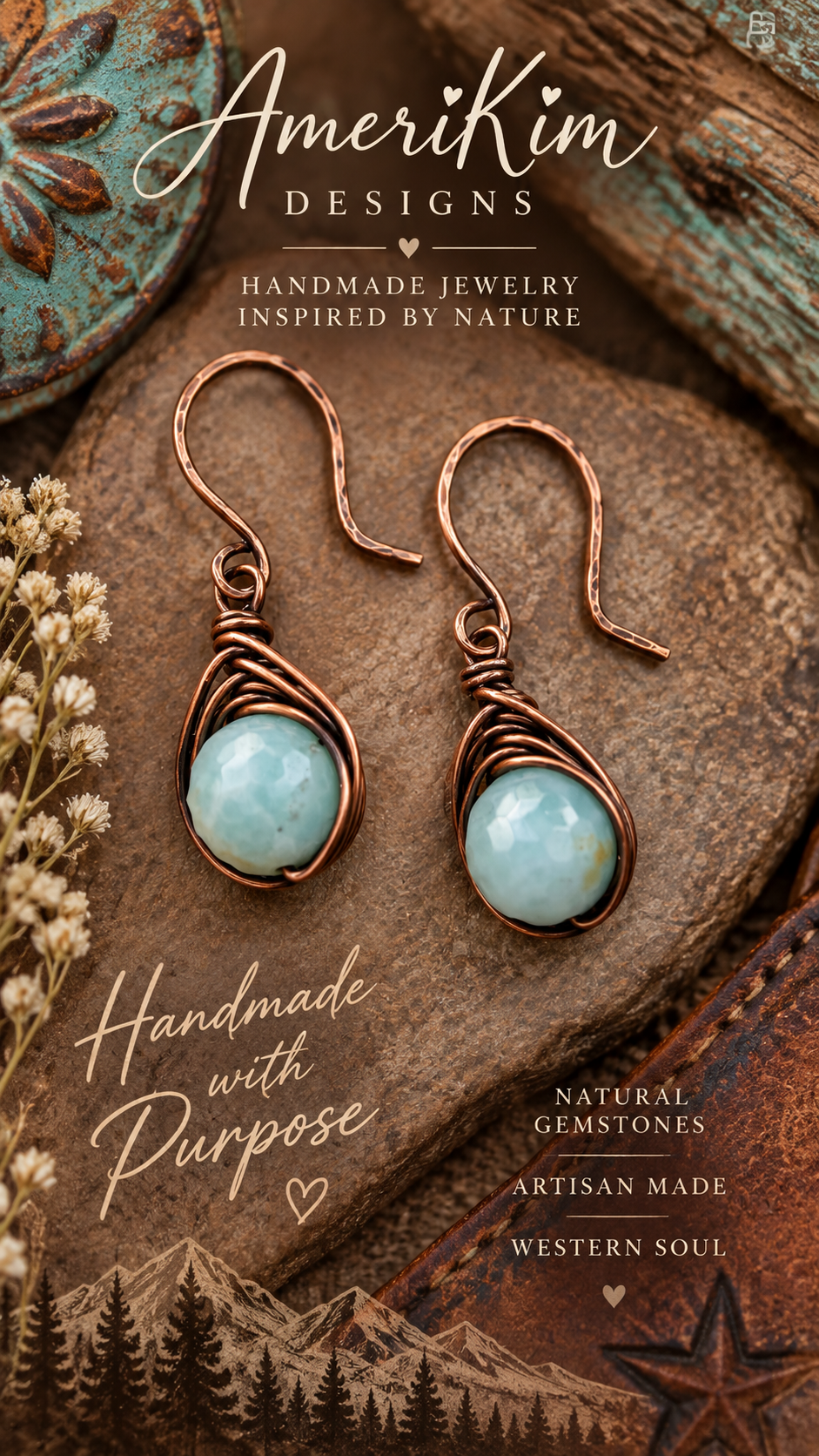 Faceted Amazonite & Hammered Copper Wire-Wrapped Earrings | Handmade Artisan Jewelry