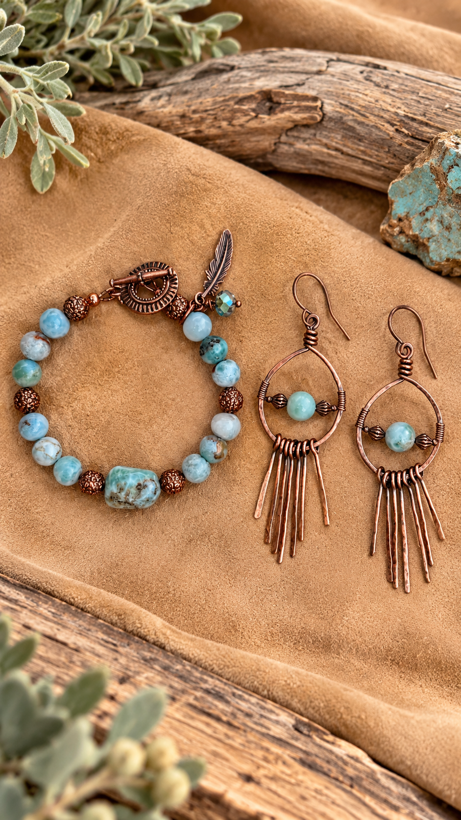 Copper & Caribbean Skies | Genuine Larimar Bracelet & Earrings Set
