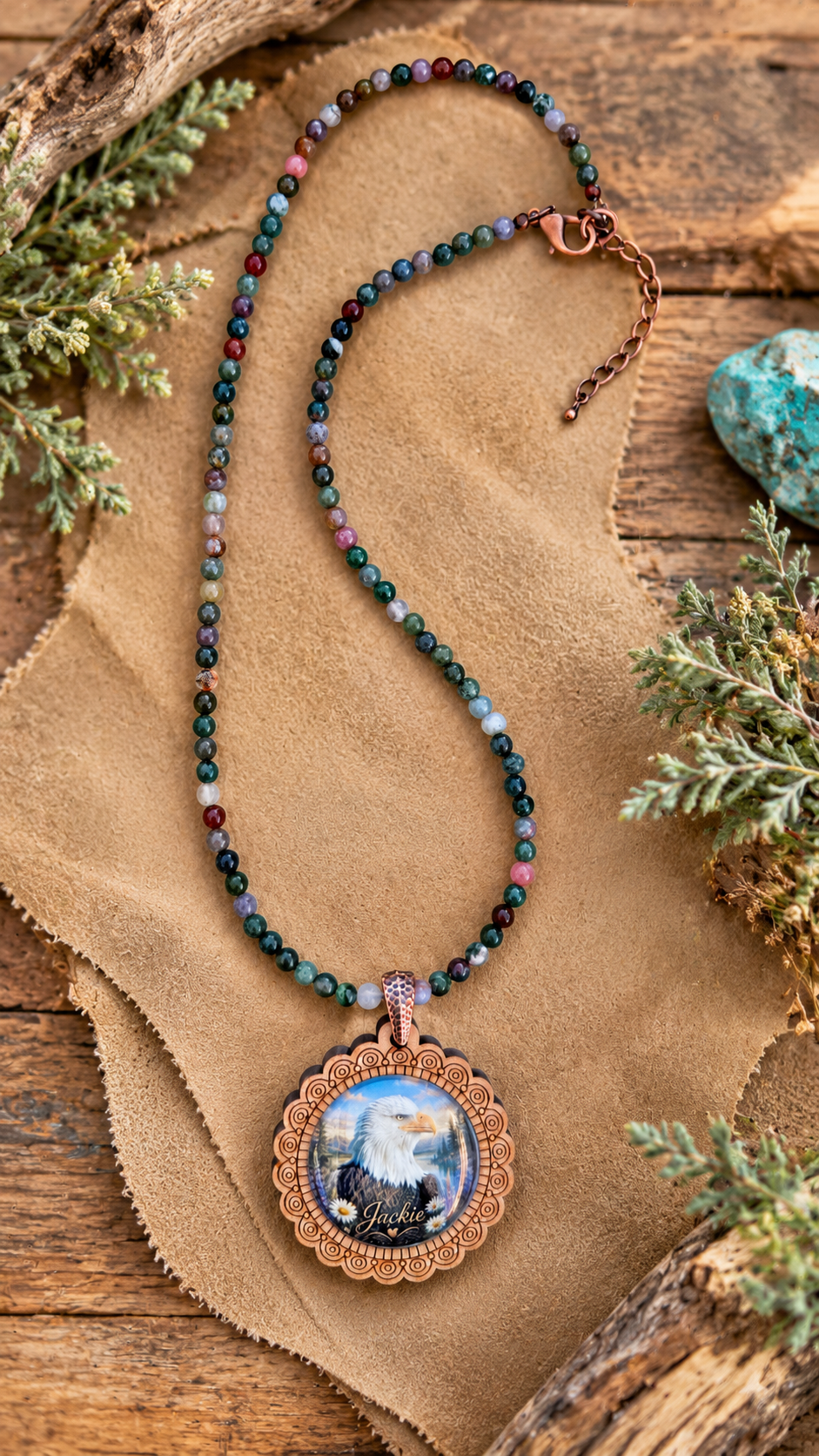 Jackie of Big Bear – Indian Agate & Natural Wood Cabochon Necklace