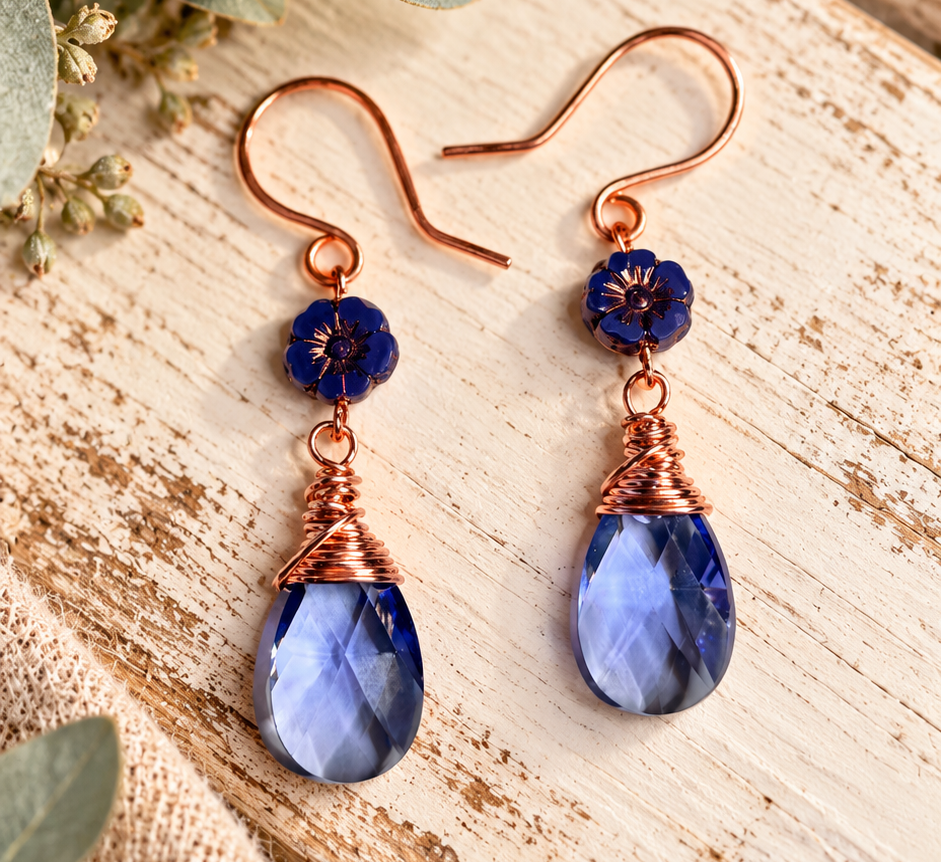 Copper Wire Wrapped Earrings with Swarovski & Czech Glass Flower