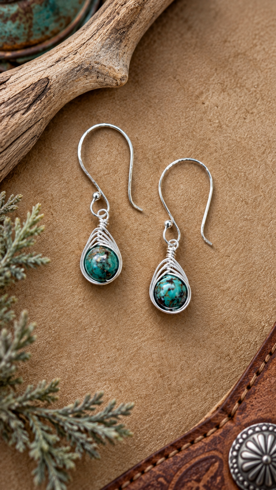 Handcrafted Green-Brown Turquoise & Sterling Silver Earrings