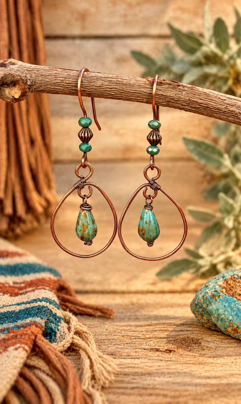 Desert Willow | Handcrafted Antiqued Copper & Czech Glass Teardrop Earrings