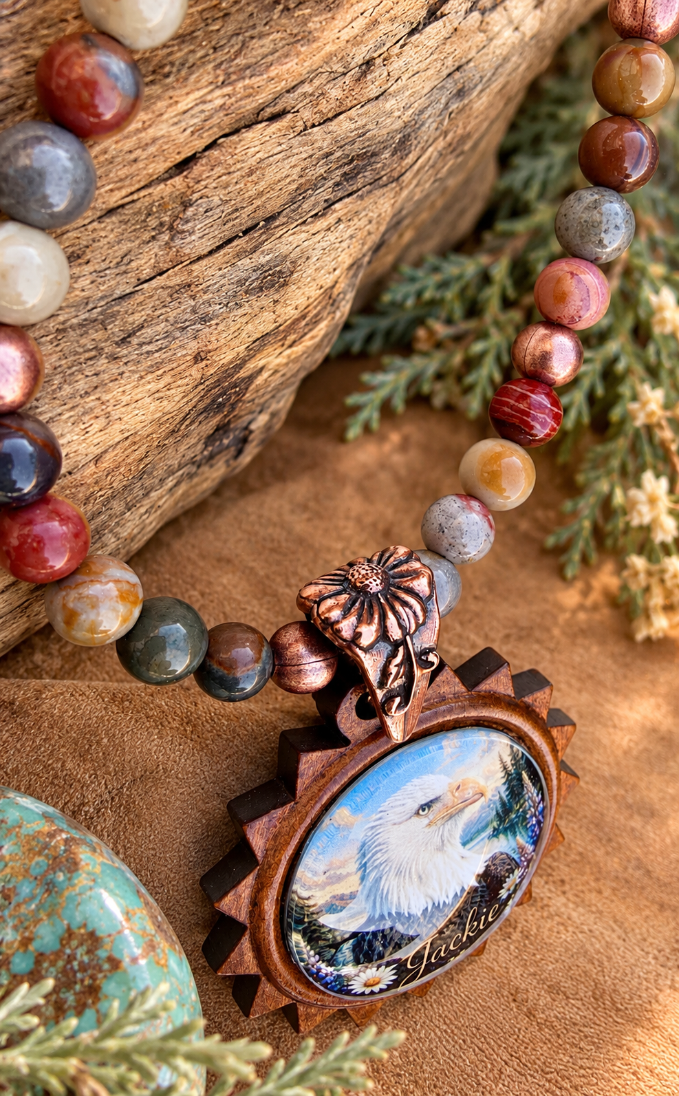 Jackie’s Wildflower Legacy – Polychrome Ocean Jasper & Copper Necklace       A tribute to the beauty, strength, and unforgettable spirit of Jackie of Big Bear. 🦅🤎