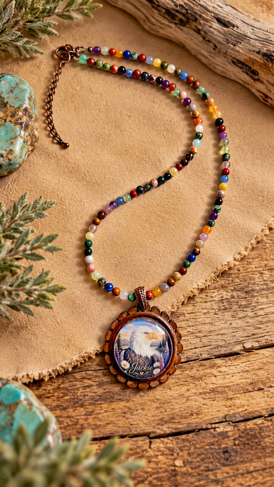 Jackie of Big Bear – Earth & Sky Gemstone Necklace

A tribute to a beautiful spirit, inspired by the colors of nature. 🦅