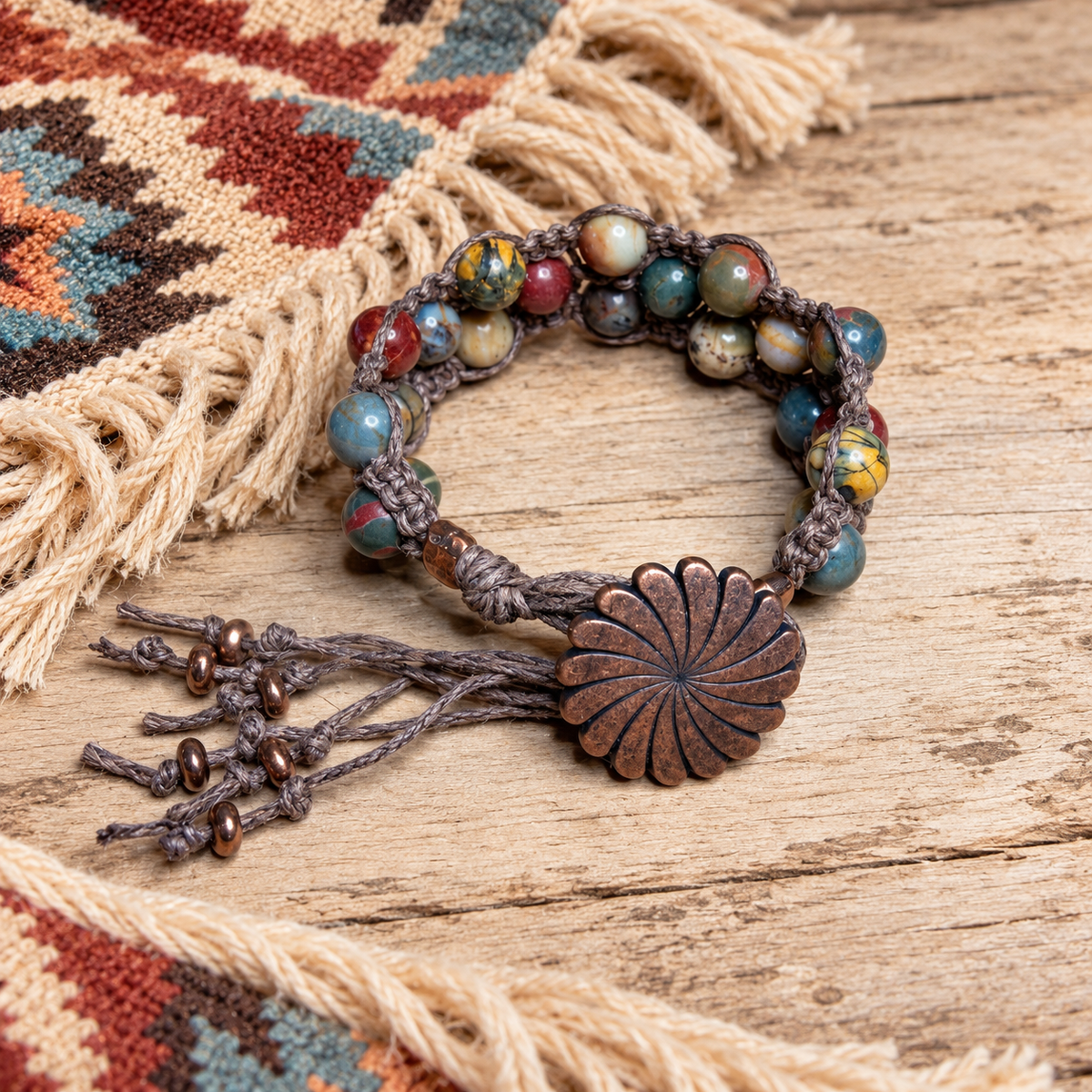 Picasso Jasper Triple-Layer Macramé Bracelet | Rustic Copper & Fringe