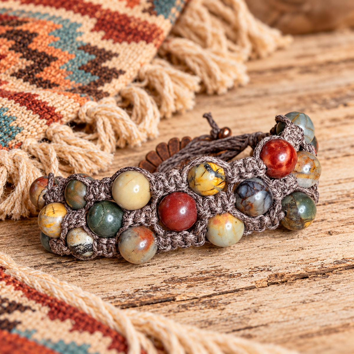 Picasso Jasper Triple-Layer Macramé Bracelet | Rustic Copper & Fringe