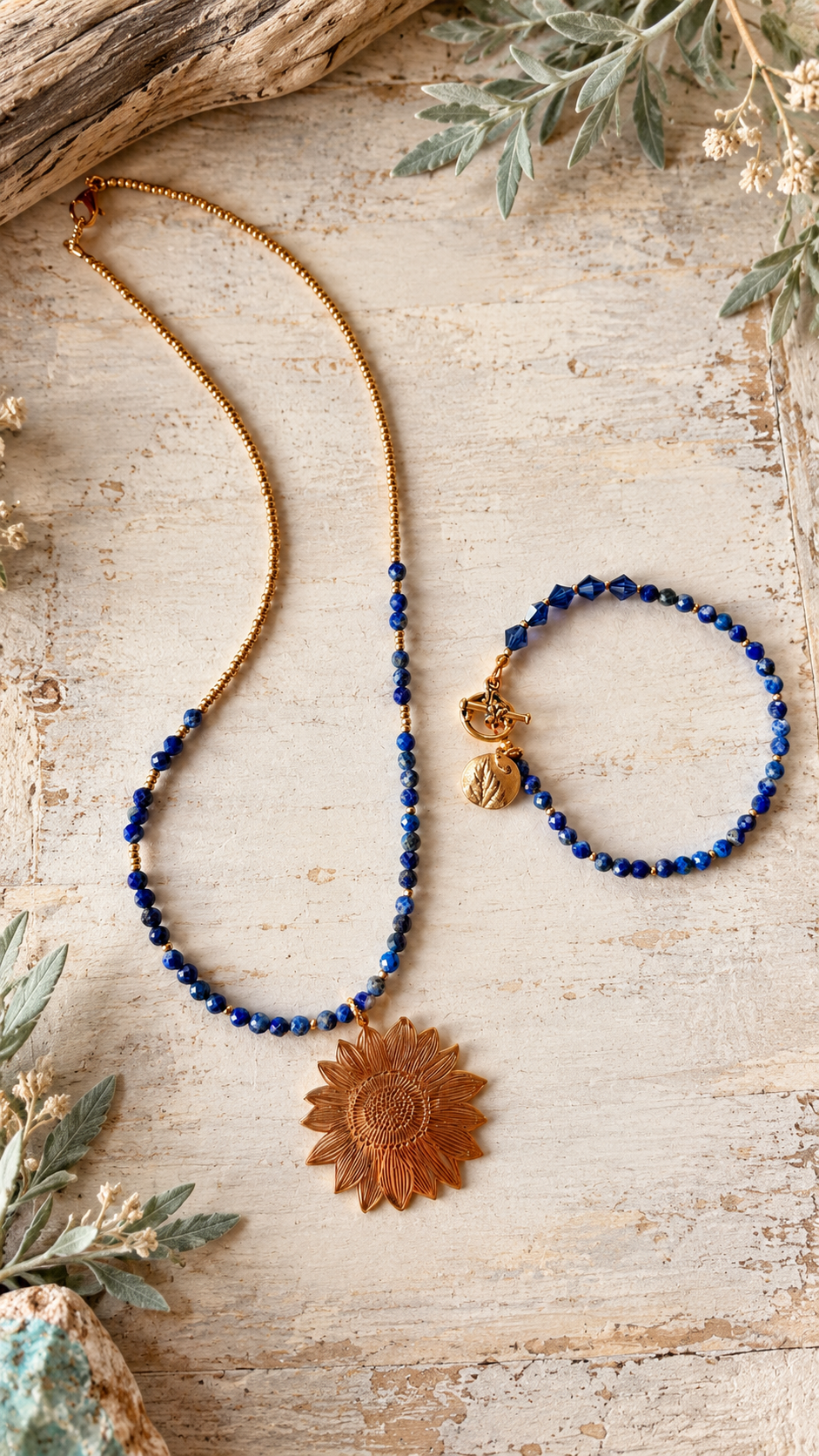 Golden Solstice – Lapis Lazuli Sunflower Necklace & Bracelet Set.