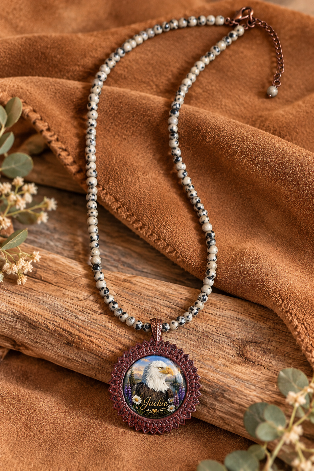 Forever Jackie | Big Bear Bald Eagle Memorial Cabochon & Dalmatian Jasper Gemstone Necklace