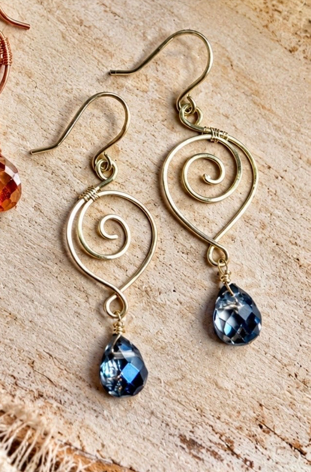 Swirly Brass Earrings with Montana Blue Briolette Crystals